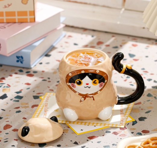 Cat Ceramic Coffee Mug – Mug with Lid & Spoon for Home Use