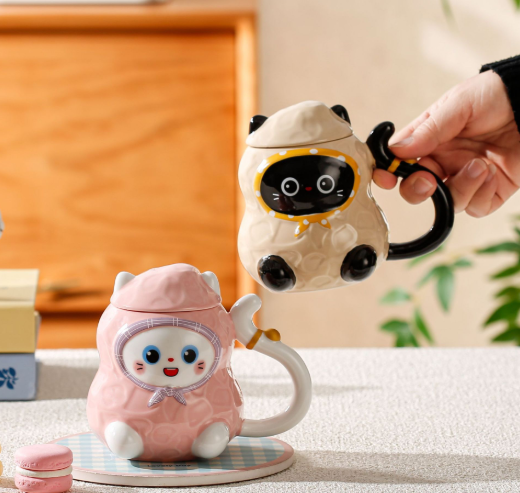 Cat Ceramic Coffee Mug – Mug with Lid & Spoon for Home Use