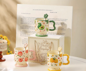 Cute Peach Ceramic Coffee Mug with Lid – Office & Home Coffee Cup